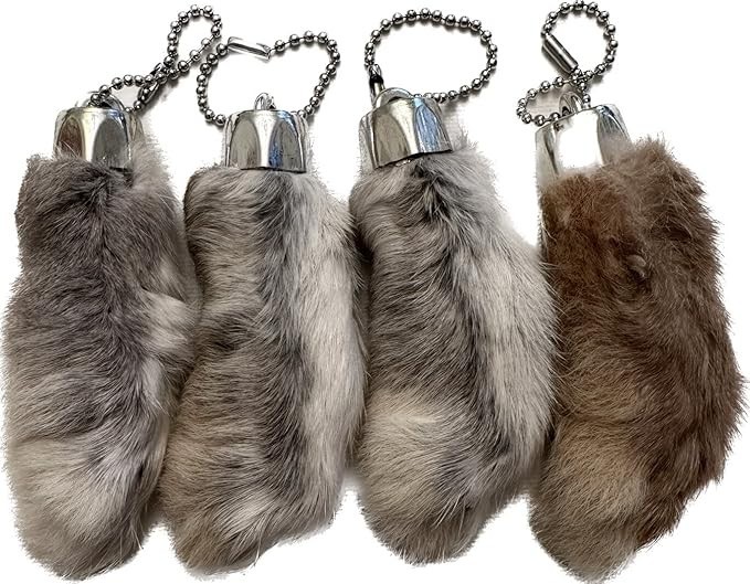 4-Piece Authentic Rabbit Foot Keychains - 4 Genuine Undyed Natural Rabbit Feet