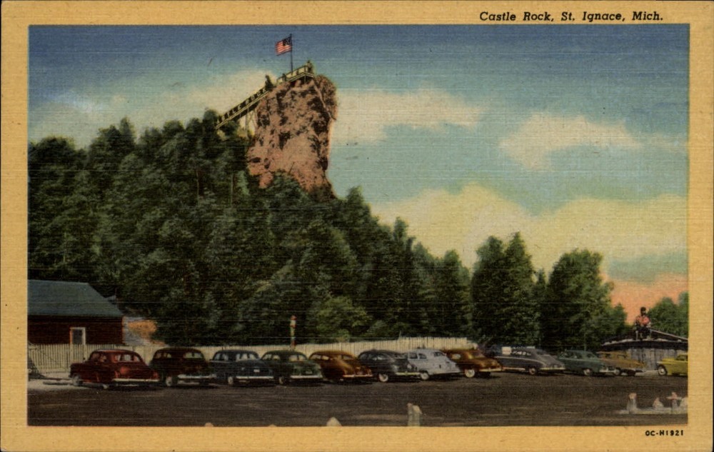 Michigan St Ignace Castle Rock vintage cars ~ 1930s linen postcard  ~ s9327