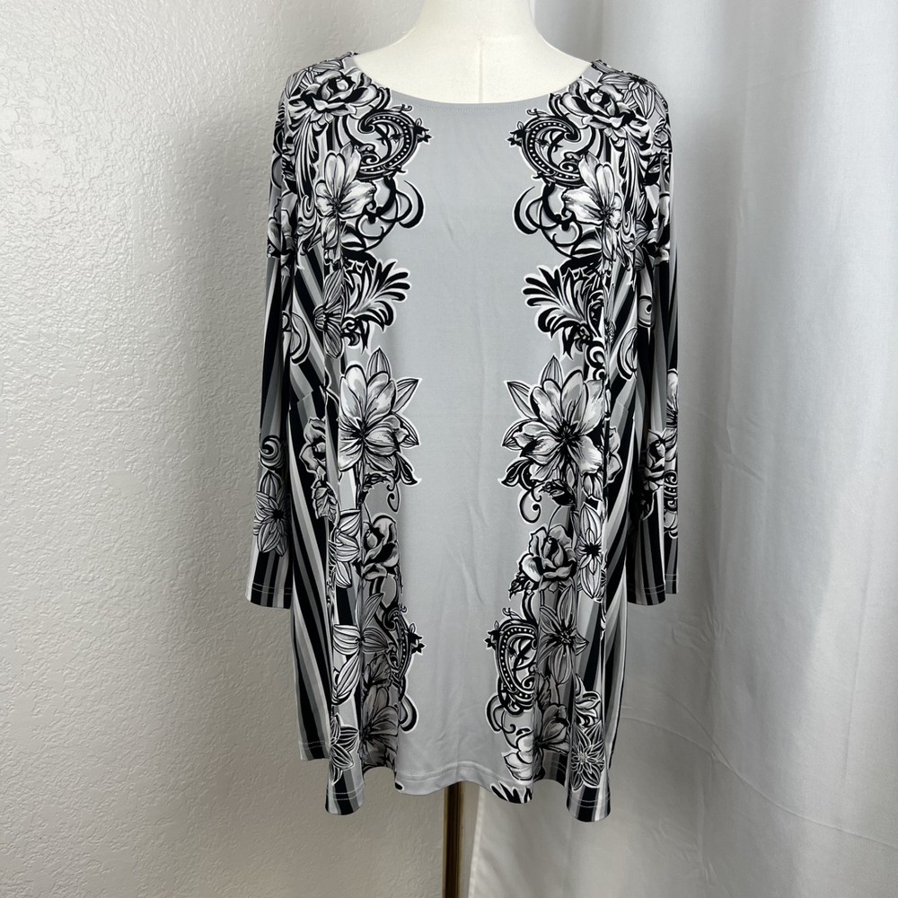 Bob Mackie Womens 1X Grey Floral 3/4 Sleeve Jersey Top for Business Casual Wear