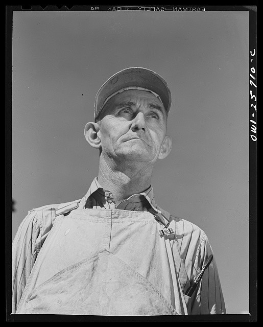 Photo:1930s Farm Worker Portrait Man Overalls Cap Black and White Photo