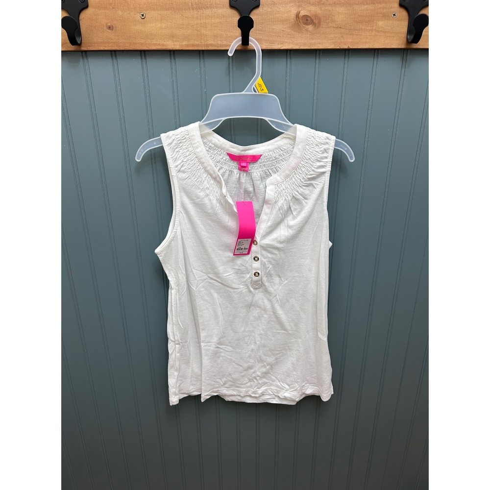 Lilly Pulitzer Essie Top Resort White Smocked Henley Sleeveless Tank Small 97865