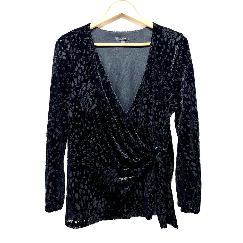 Alfani velvet wrapped blouse burnout black grunge animal print festive women XL