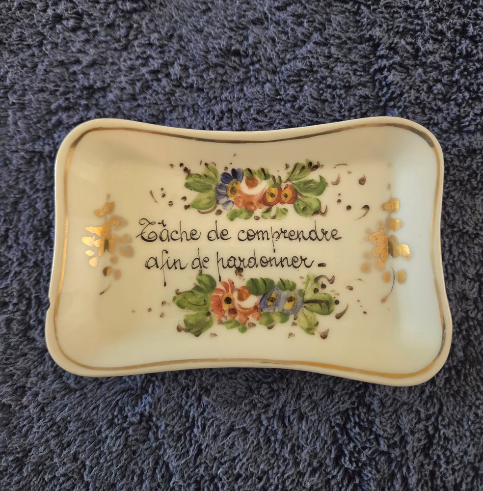 Vintage French Proverb Hand Painted Fine Porcelain Variety Dish-Signed