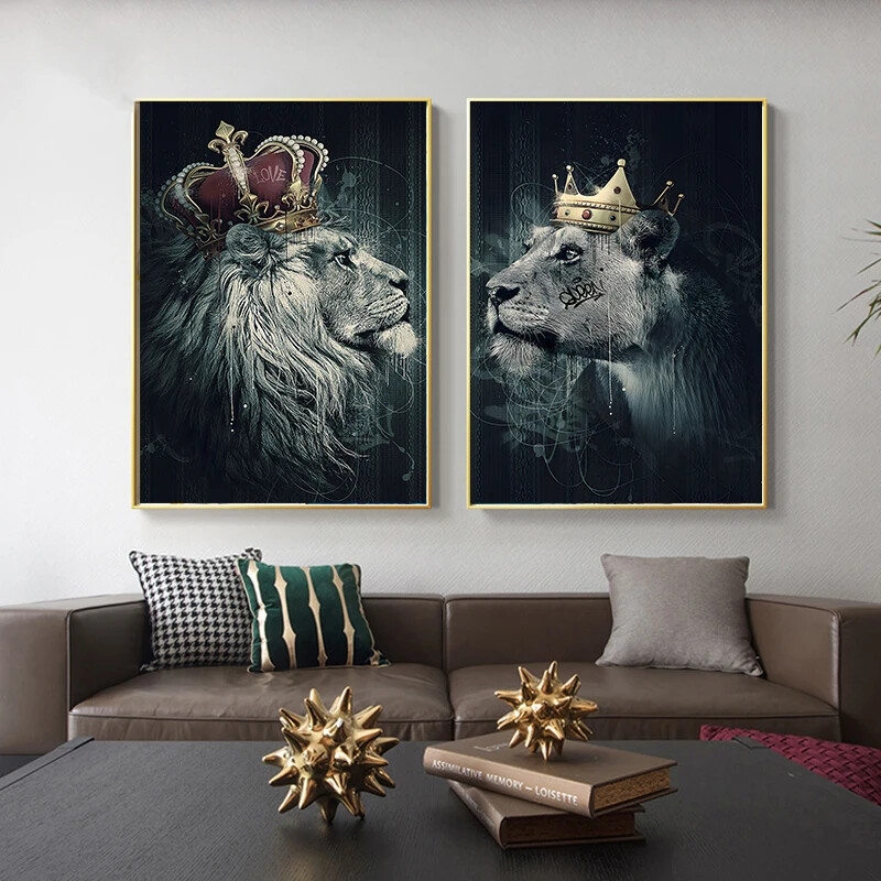 Crown Lion King Queen Canvas Graffiti Art Abstract Animal Poster Print-image