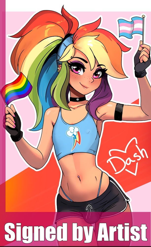 Rainbow Dash MLP Femboy with flags 11x17, anime, Furry art print, artist signed