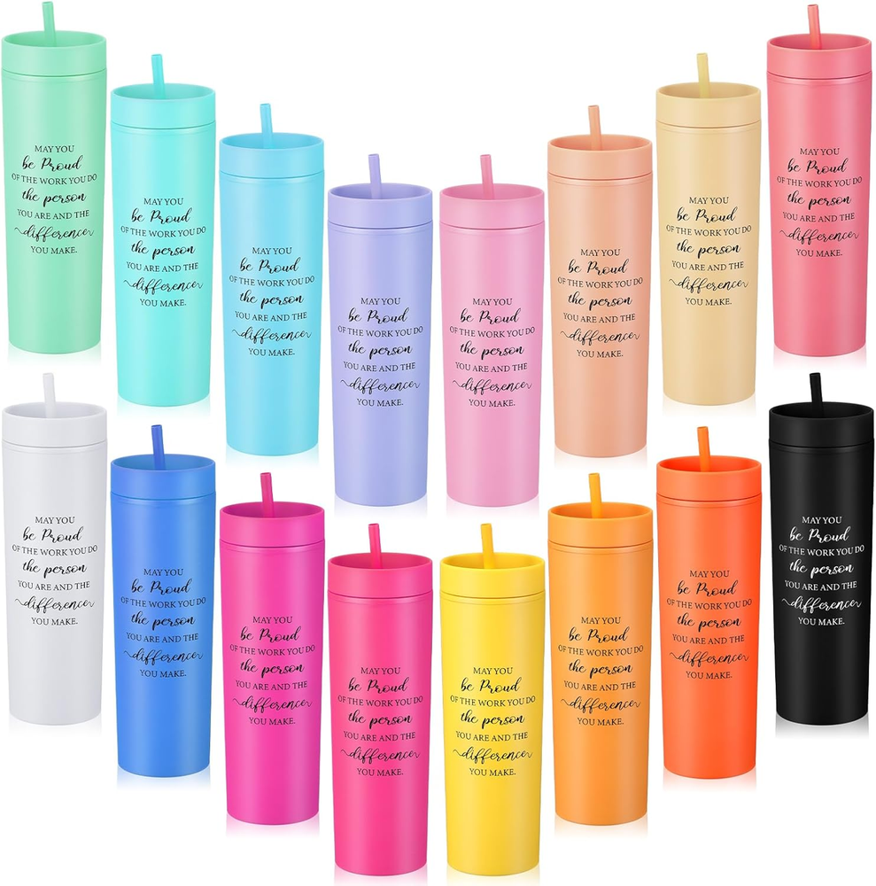 16 Pcs Employee Appreciation Gifts Bulk 16 Oz Skinny Tumblers with Lid and Straw