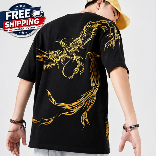 Men's Premium Phoenix Embroidery Cotton T-Shirt Slim Fit Short Sleeve Tee