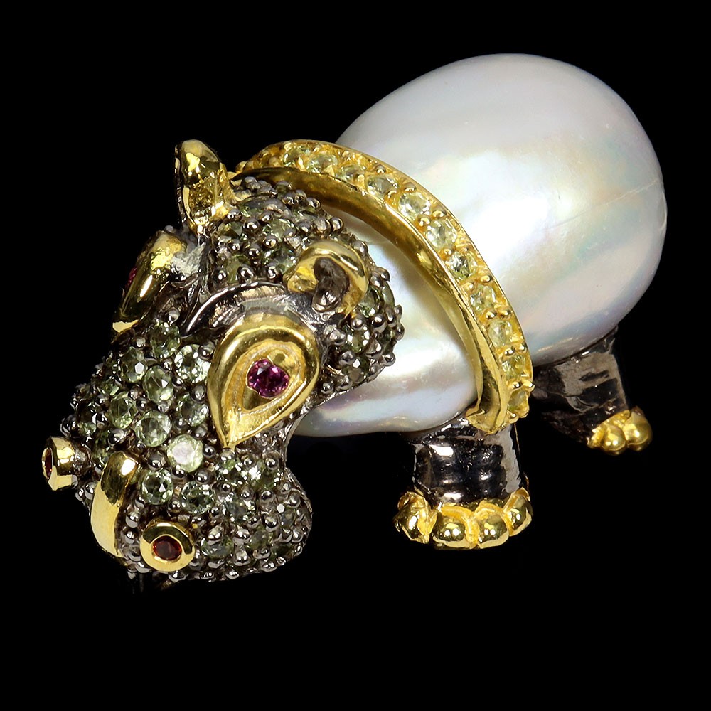 925 Sterling Silver Pendant Round Peridot Rhodolite Pearl Gemstone Hippo Jewelry