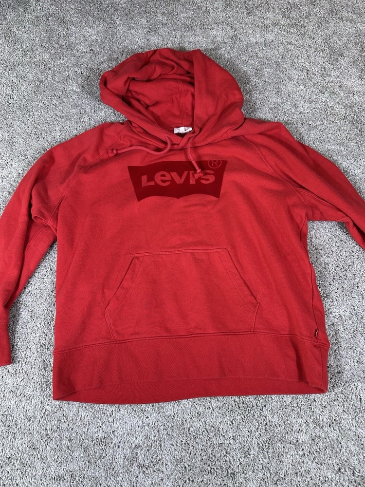 Levi's Hoodie Women's Red Velvet Batwing Logo Pullover Sweatshirt Size Large