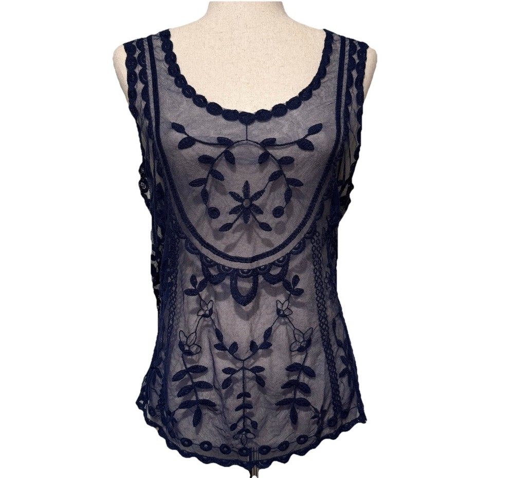 Candie’s Embroidered Blue Floral Lace Mesh Sheer Tank Top Large Y2k Boho Beach