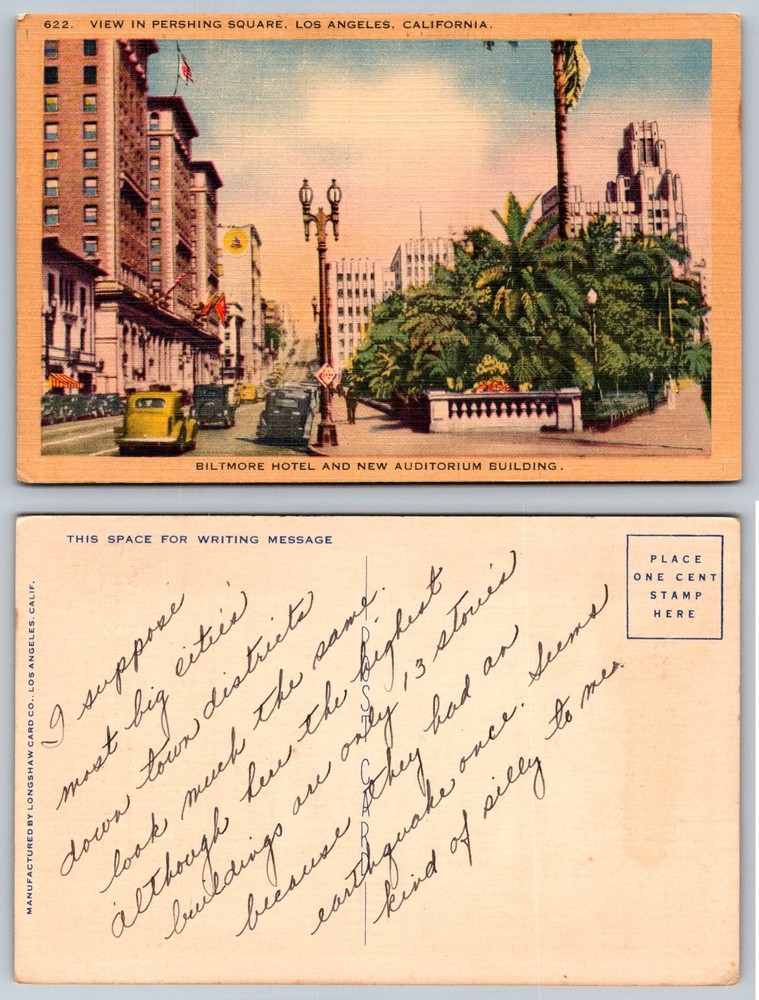 Vintage Linen Postcard Pershing Square Los Angeles Biltmore Hotel CA 1930s