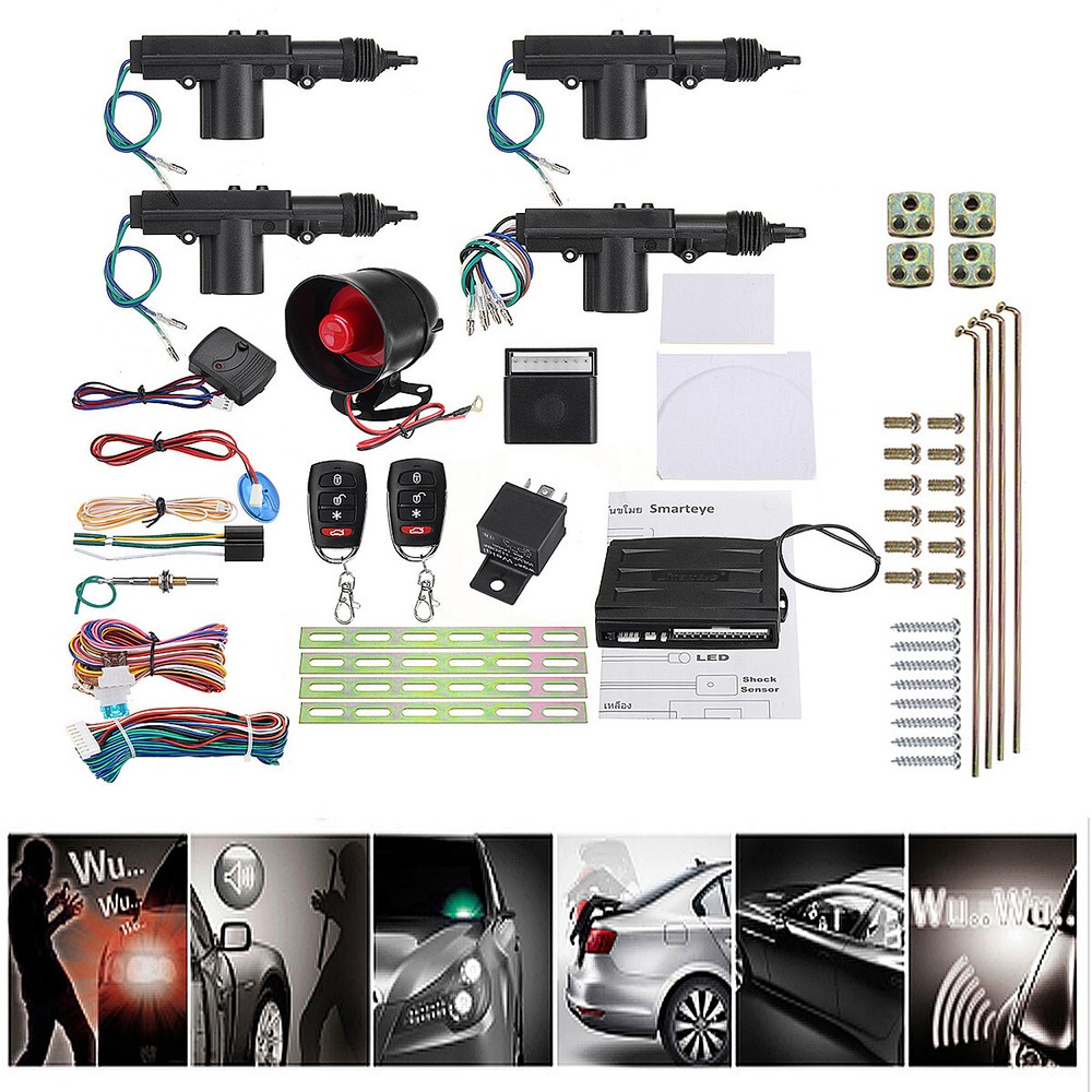 4 Door Power Lock Actuator Motor Kit + Keyless Entry Car Alarm Security System