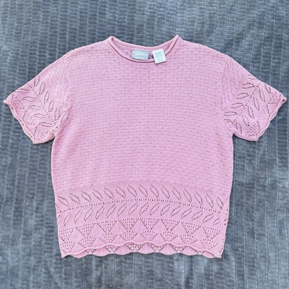 Vtg 90s Blair Pink Pointelle Knit Top Scalloped Hem Cottagecore Aesthetic Sz L