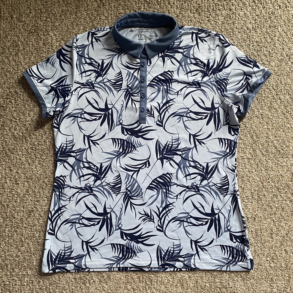 Under Armour Polo Shirt Womens XL Blue Floral Short Sleeve Golf Fitted