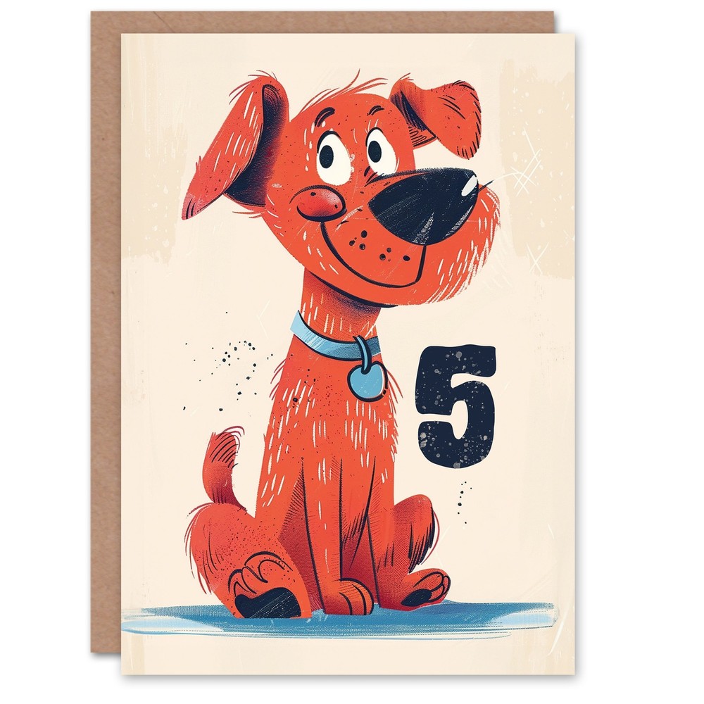Birthday Card Red Dog Lover Pet Puppy Cute Cartoon 5th 5 Year Old For Child Kids