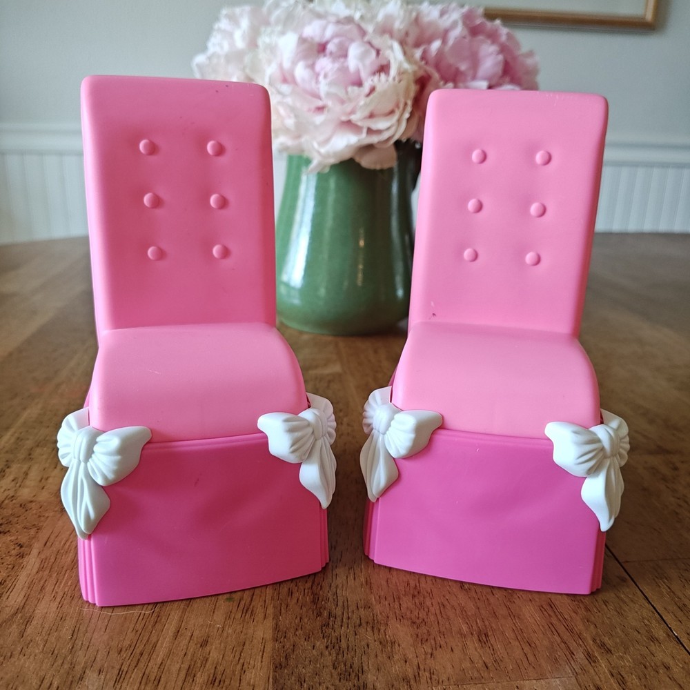Set Vtg 90's Barbie Pink & White Dining Chairs Living Room Bedroom Furniture