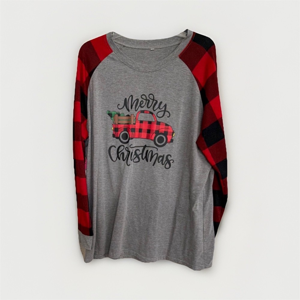 Women's 2XL Plus Gray Crew Neck Raglan Santa Christmas Tee Plaid Sleeves