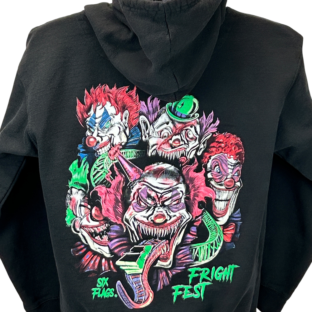 Six Flags Fright Fest Hoodie Mens Medium Scary Clowns Halloween Horror Black  