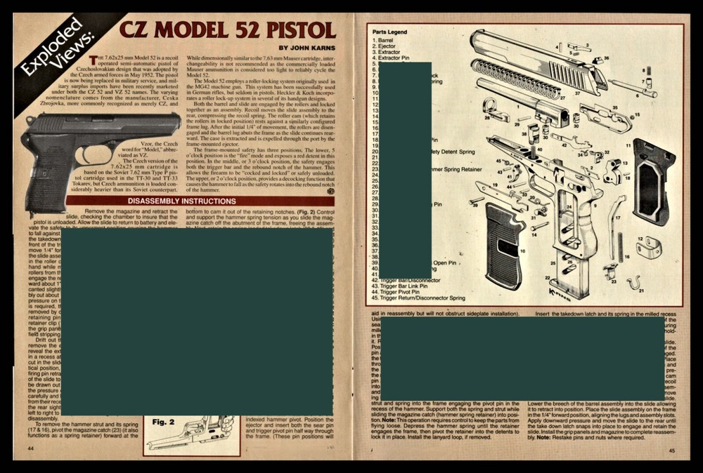 1995 CZ Model 52 Pistol Exploded View Parts List 2-pg Assembly Article