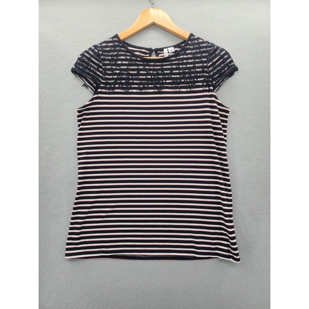 Elle Striped Lace Yoke Top Navy White Red Short Sleeve Knit Shirt Womens Small