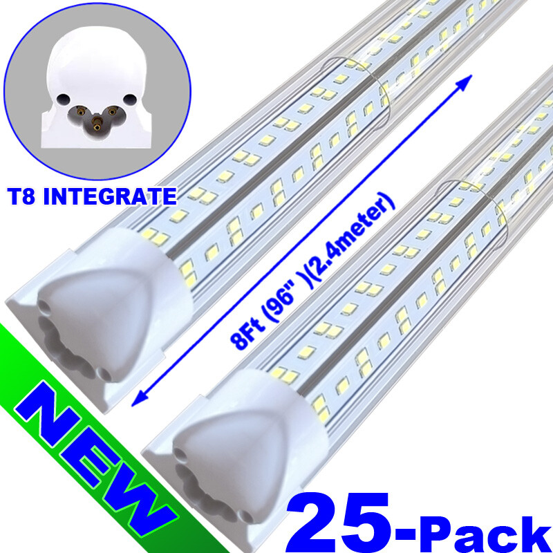 8Ft LED Shop Light 144W 18000LM 6500K Daylight White V-Shape Clear Cover 25 PACK