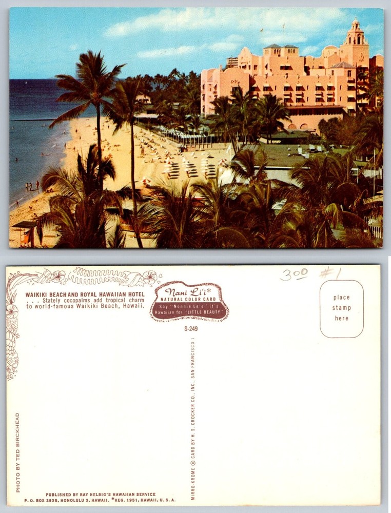 Waikiki Beach Royal Hawaiian Hotel Honolulu Hawaii 1950s Mirro-Krome Postcard