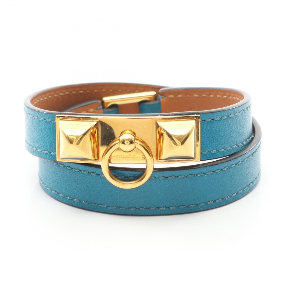 HERMES Rivale Double Tour Bracelet 15.5cm Q leather Gold Plated Blue Used Women