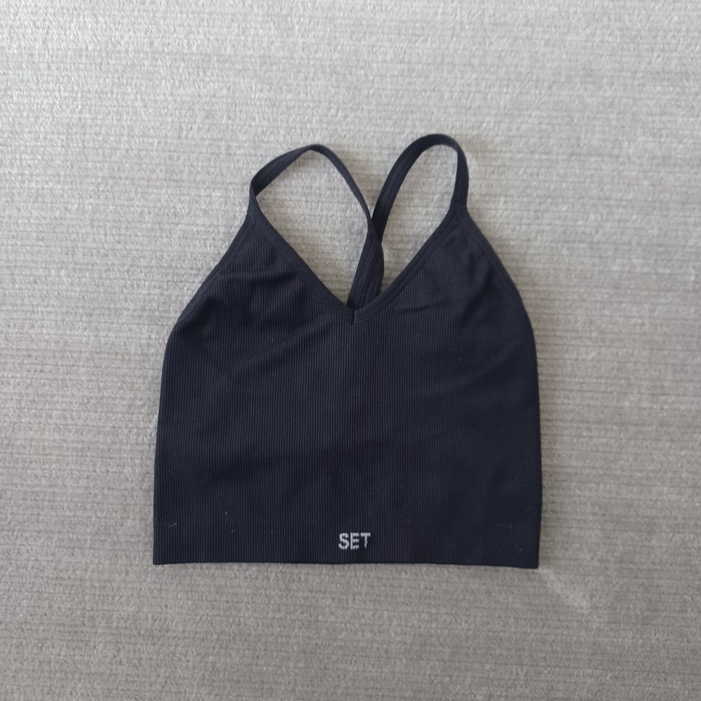 Set Active Sports Bra Women S Black Ribbed Racerback Longline Gym Yoga Athleisur