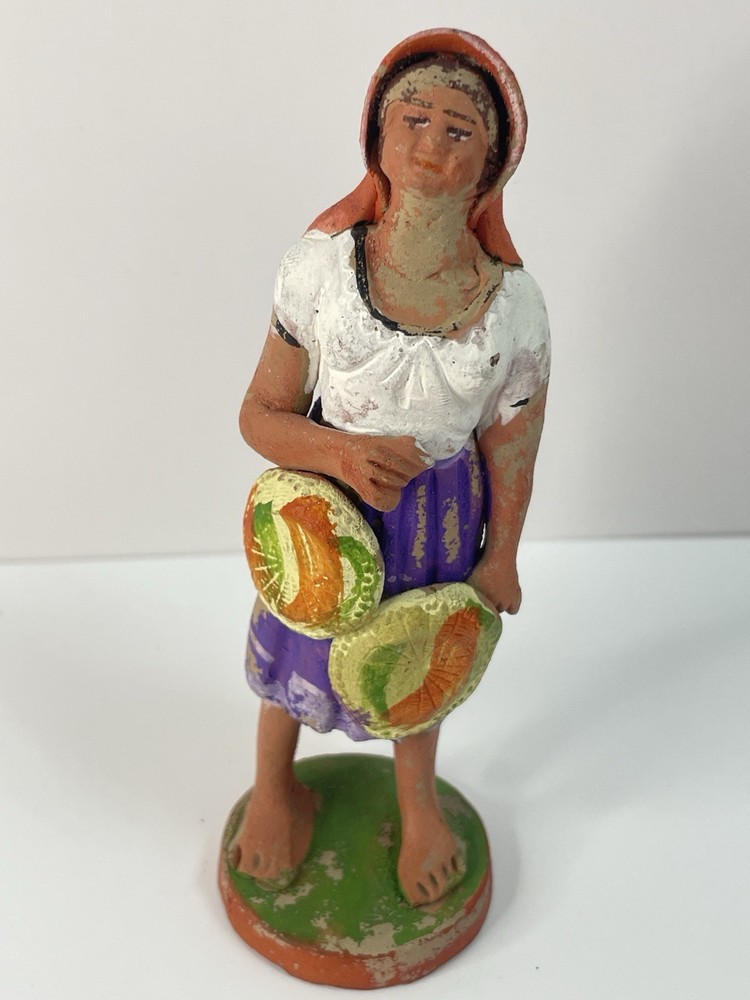 Vintage Mexican Folk Art Terra Cotta Woman Figurine - Hand Painted Pottery