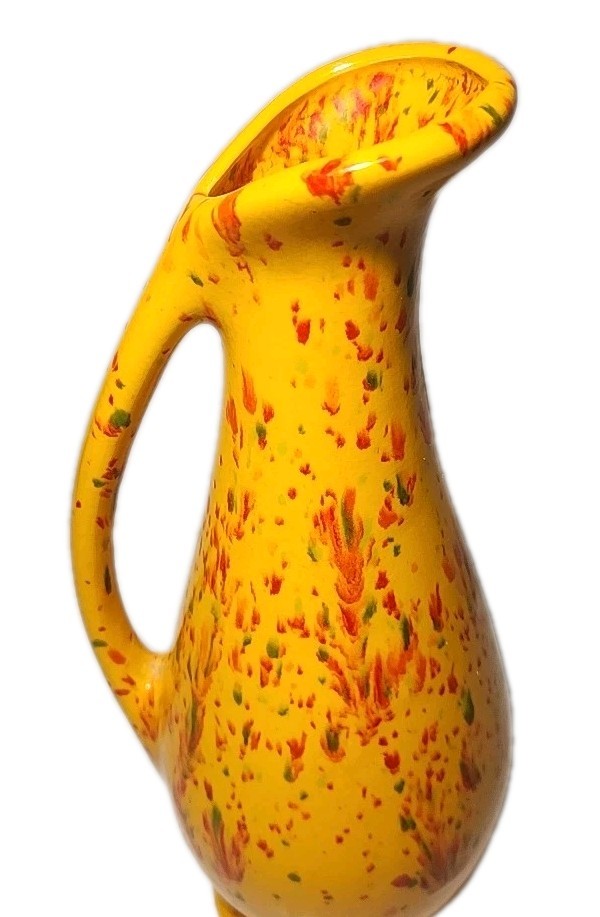 VTG MCM Yellow Orange Green Drip Splatter Glaze Pitcher Vase Ceramic Ewer 10”