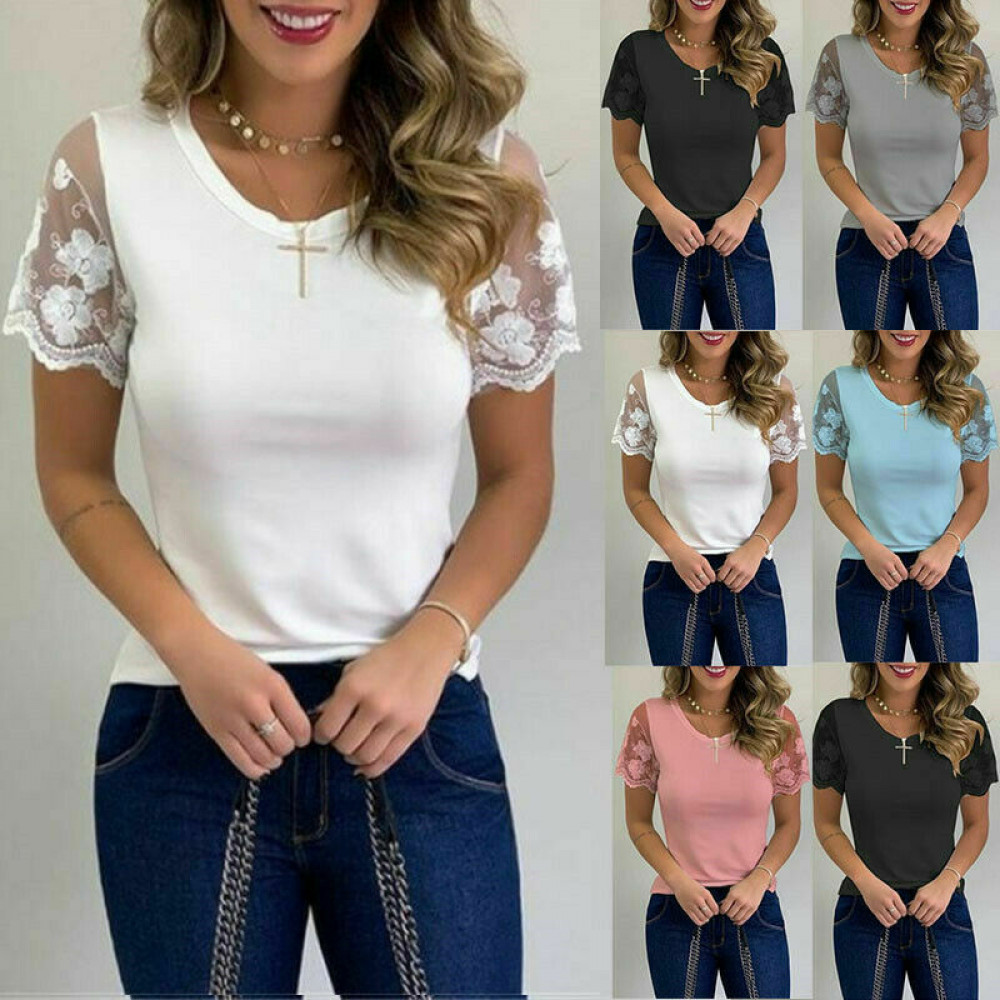 Plus Size Womens V-Neck Lace Tops T-Shirt Ladies Casual Solid Basic Tee Blouse*