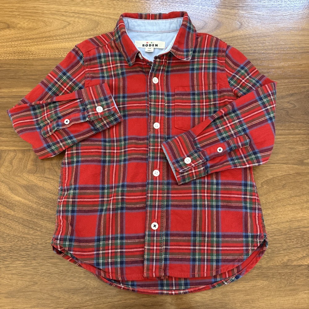 Mini Boden Boys Shirt Long Sleeve Button Down 4-5Y Holiday Red Plaid Christmas