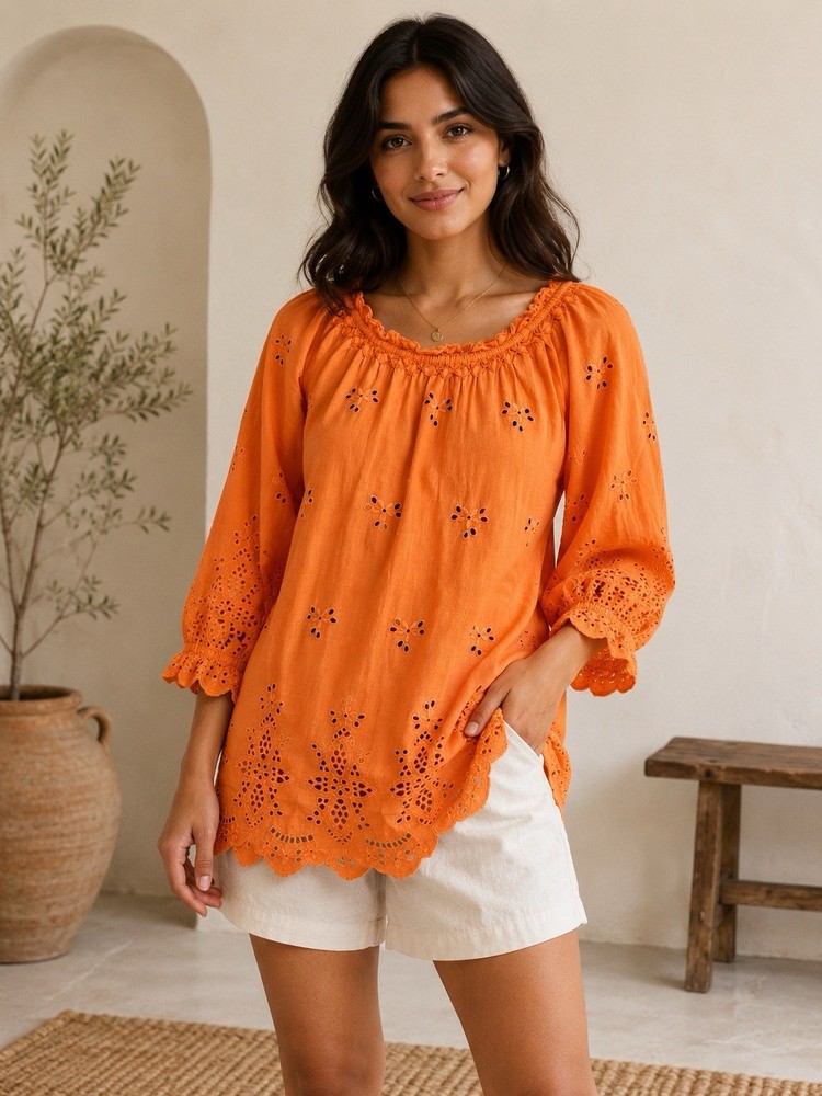 THML Women’s Small Orange Eyelet Embroidered Cotton Peasant Blouse Boho Top