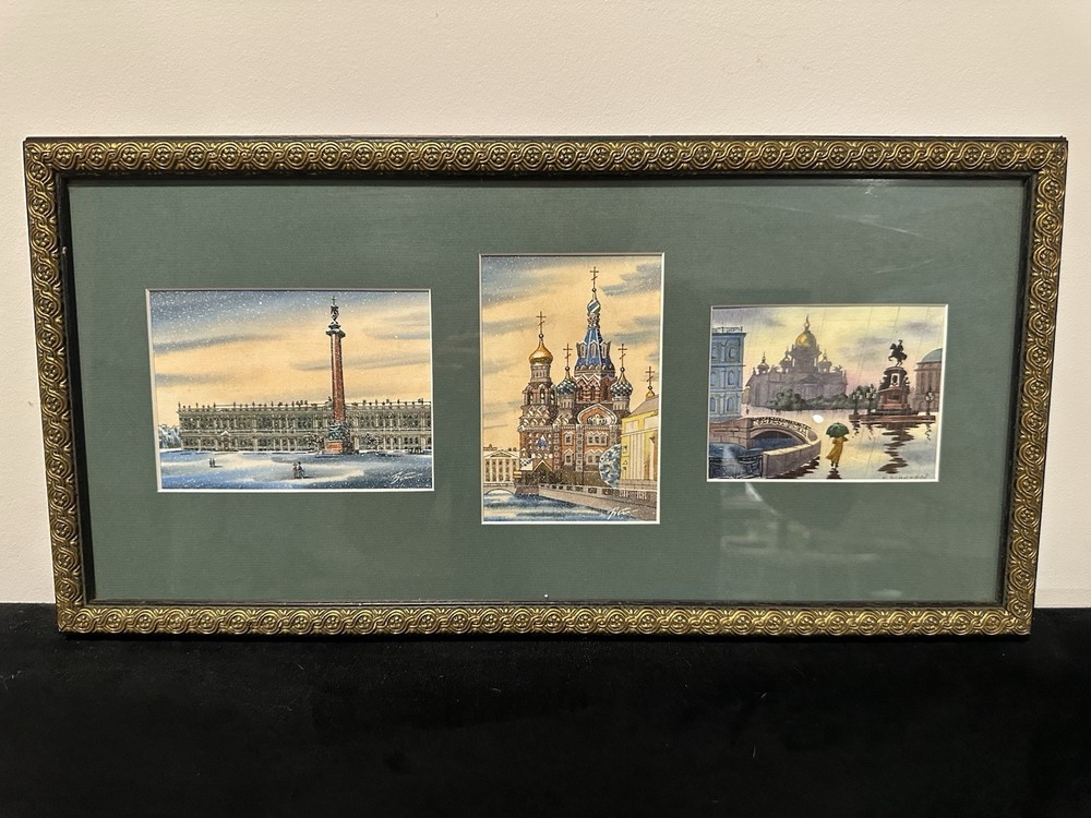 Vintage Framed Russian Watercolor Paintings St Petersburg Signed Art