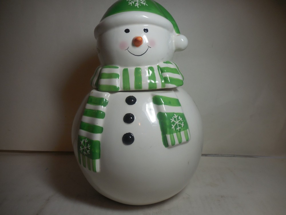 CIB Green And White Snowman Cookie Jar With A Snowflake Scarf