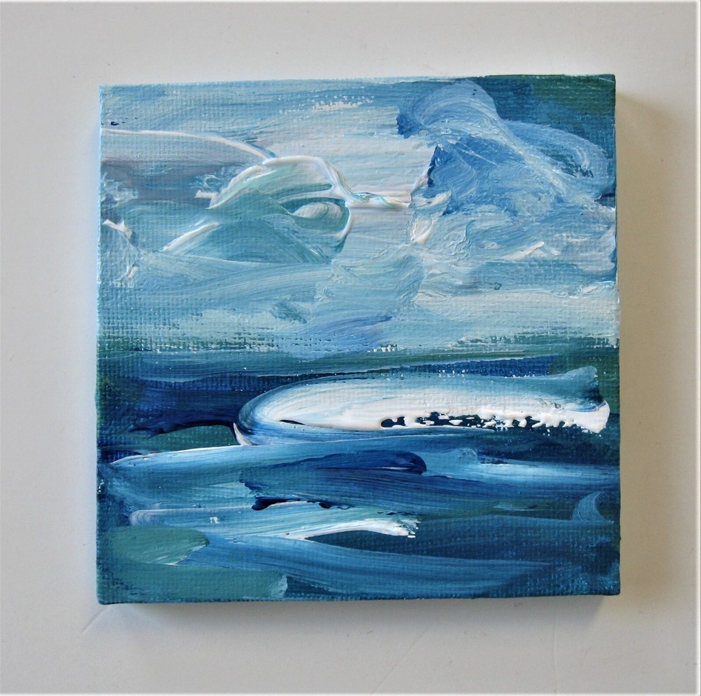 Mini 4x4 Seascape Abstract Painting on Wood Easel OOAK Tiny Canvas Art-image