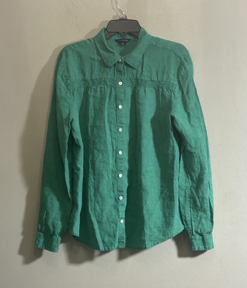 Lands End Sz 18-20 Kelly Green Linen Button Down Shirt Long Sleeve Office Career