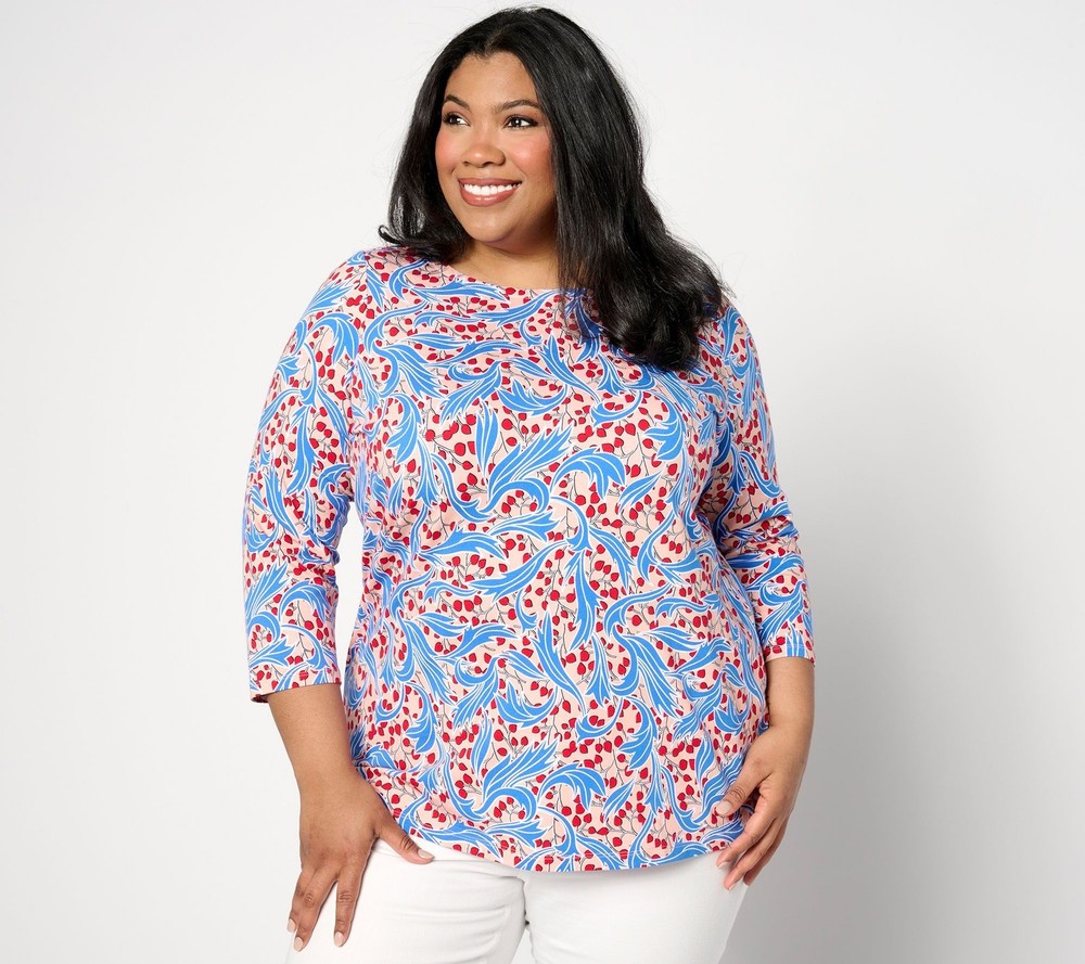 Susan Graver Women's Top Sz L Weekend Printed Comfy Cotton Multi-colored A638782