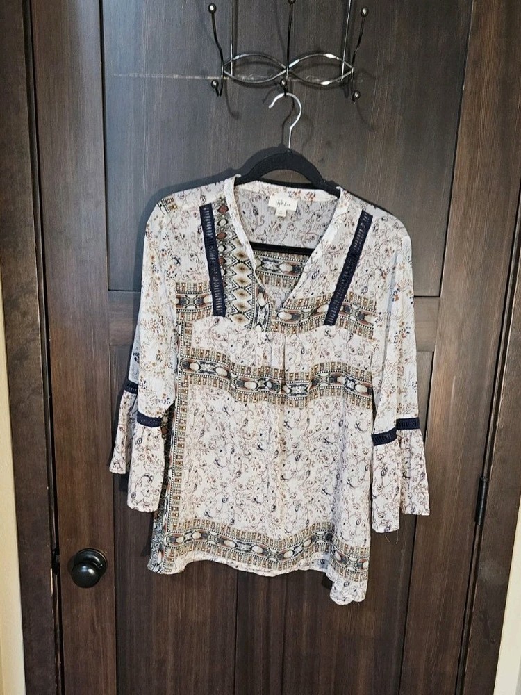 EUC Women's Floral Chiffon Sheer Tunic Peasant Boho Top Blouse Size Medium
