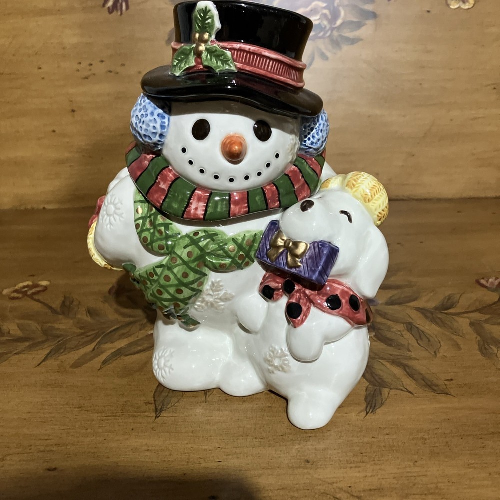 Vintage 1995 Fitz And Floyd Frosty Folks Snowman Puppy Cookie/Candy Jar