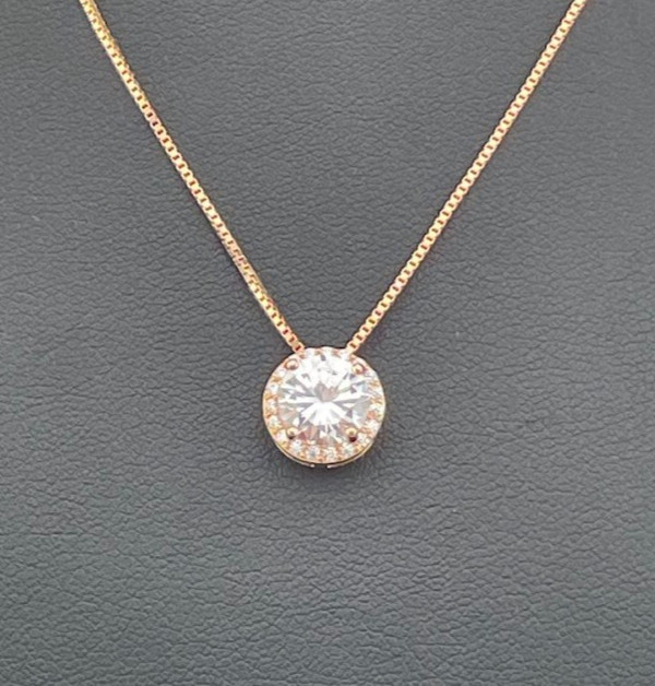 Rose Gold Over 925 Sterling Silver 7.5Mm Cz Halo Necklace 16-18