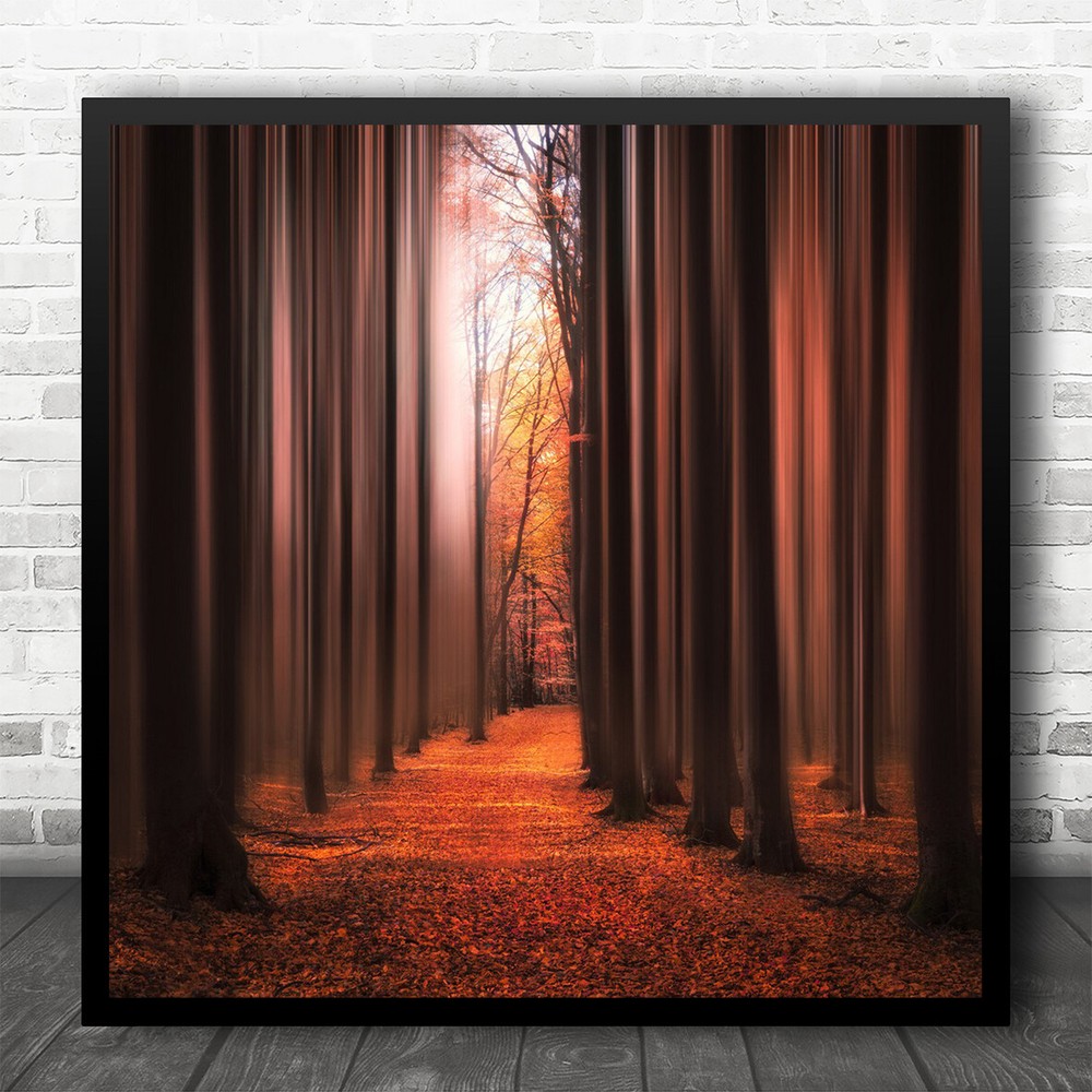 Fall Red Streaks Blur Blurry Stripes Leaf Leaves Autumn Square Wall Art Print