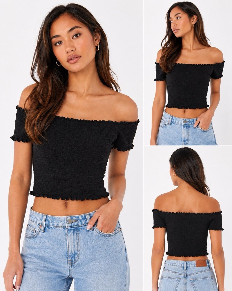 Forever 21 Black Smocked Off Shoulder Crop Top Medium