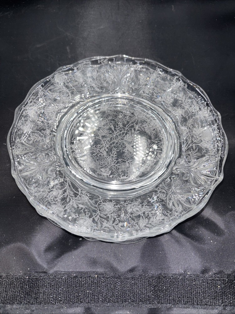 4 Vintage Fostoria Glass Chintz Salad Dessert Plates Elegant Etched Baroque