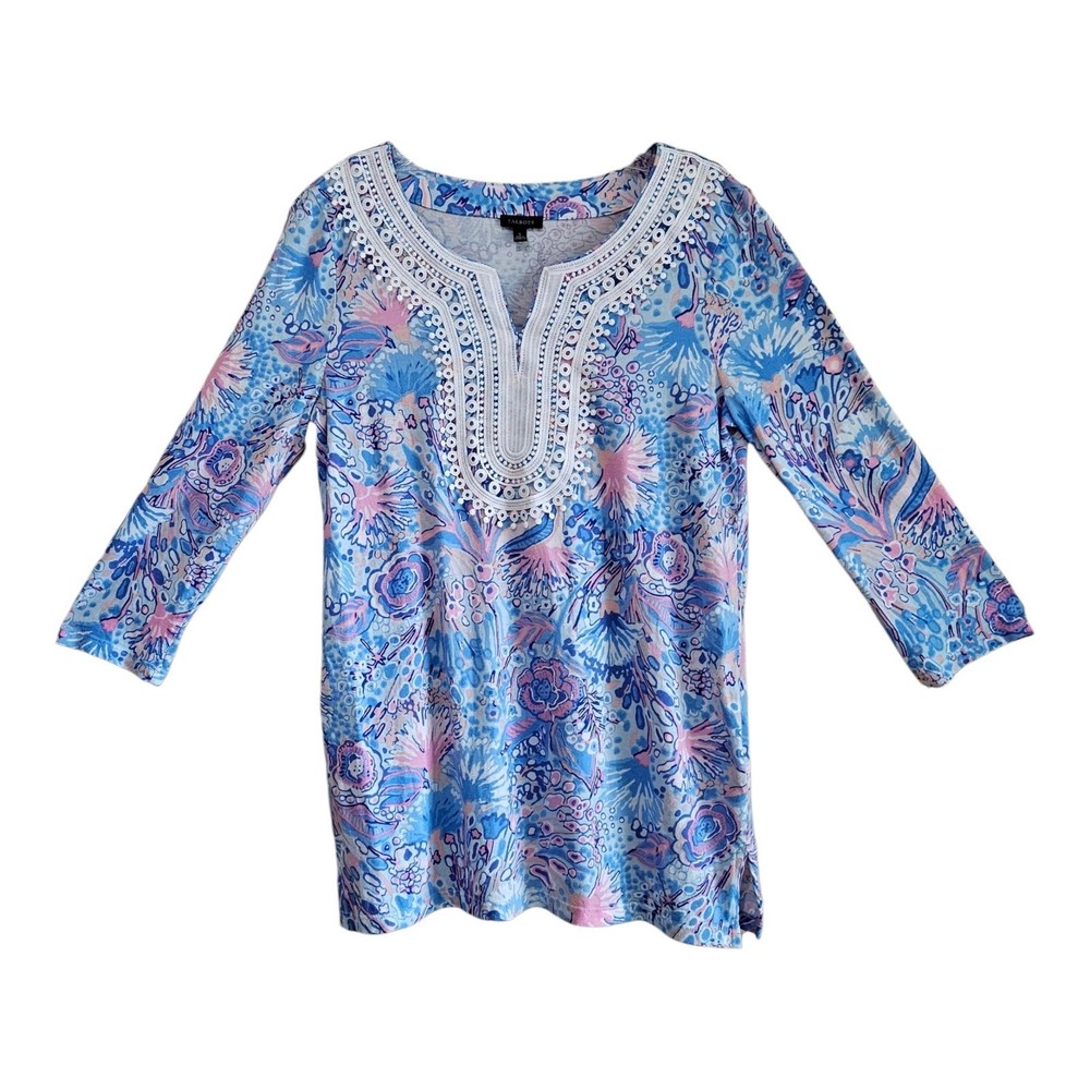 TALBOTS Women's S Tunic Top Ocean Print Blue Pink Coastal Resort Pima Cotton 34