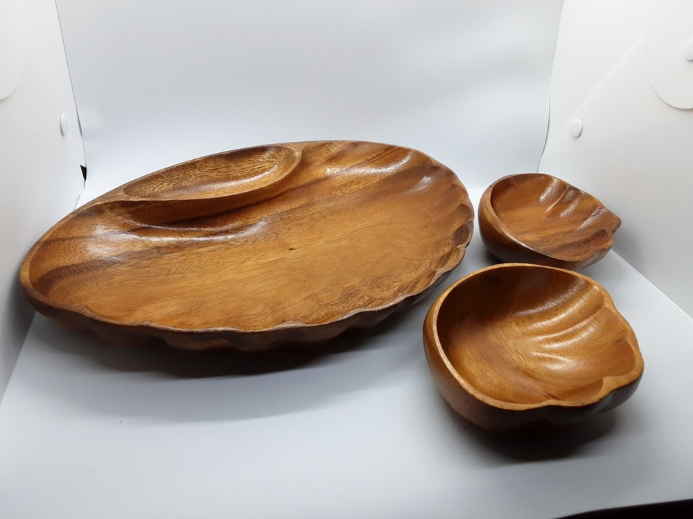 Acacia Wood Chip & Dip Charcuterie Serving Bowl Clam Shell Shaped Two Small-image