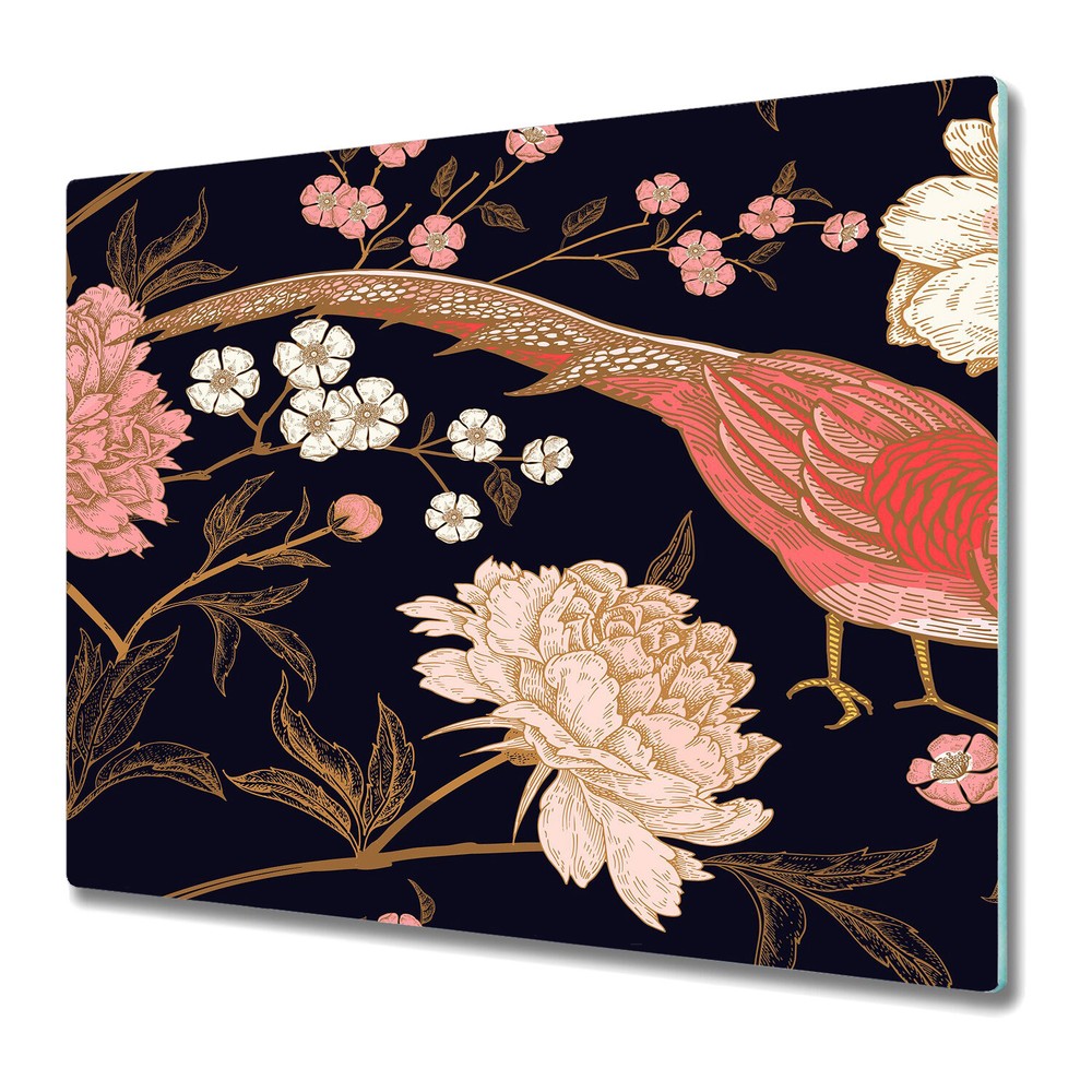 Glass Chopping Cutting Board Peony with exotic bird pink and brown 60x52