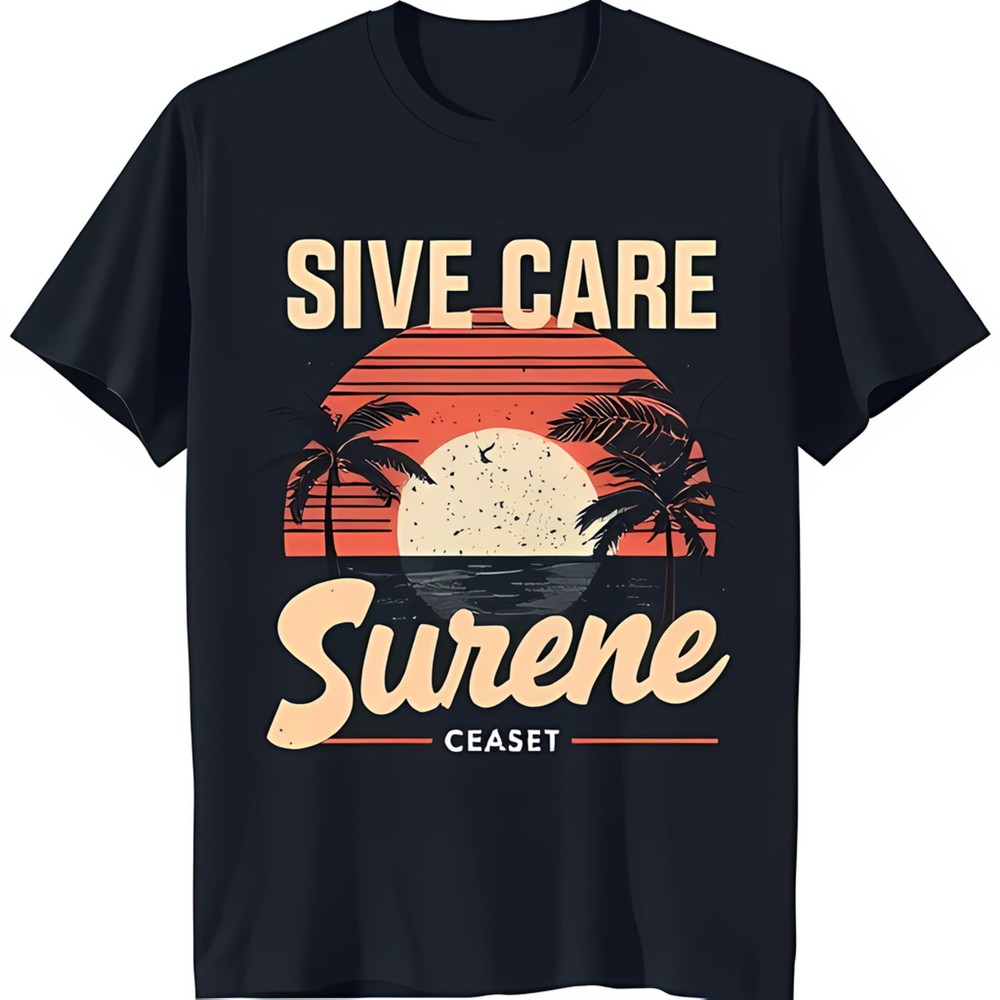Vintage Sunset Graphic Black T-Shirt with 'Sive Care Surene' Design Nostalgic