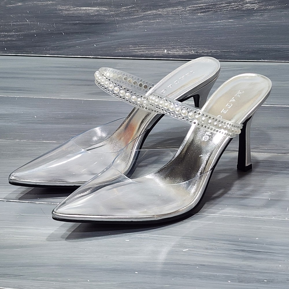 MATEO BY INC Cindy Stiletto Heeled Mules Clear Pointy Toe Shoes 9.5 M