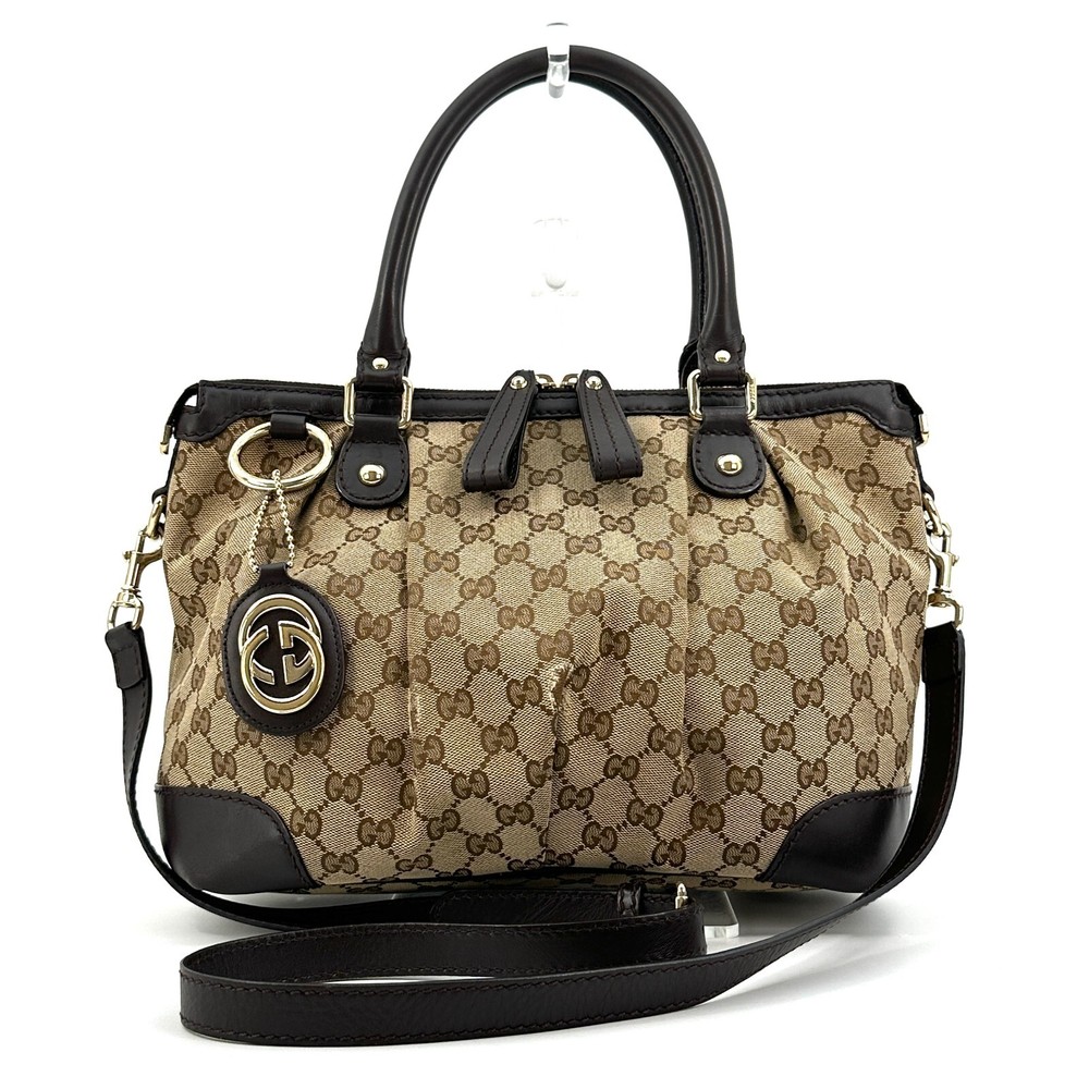 GUCCI Sukey Tote Shoulder Bag 2-Way Canvas Leather Beige Brown Genuine